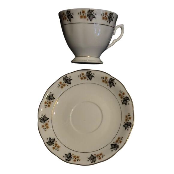 Cup & Saucer VTG Autumn Black Maple Leaves China Tree Marking Fall Coffee Tea - Picture 2 of 7